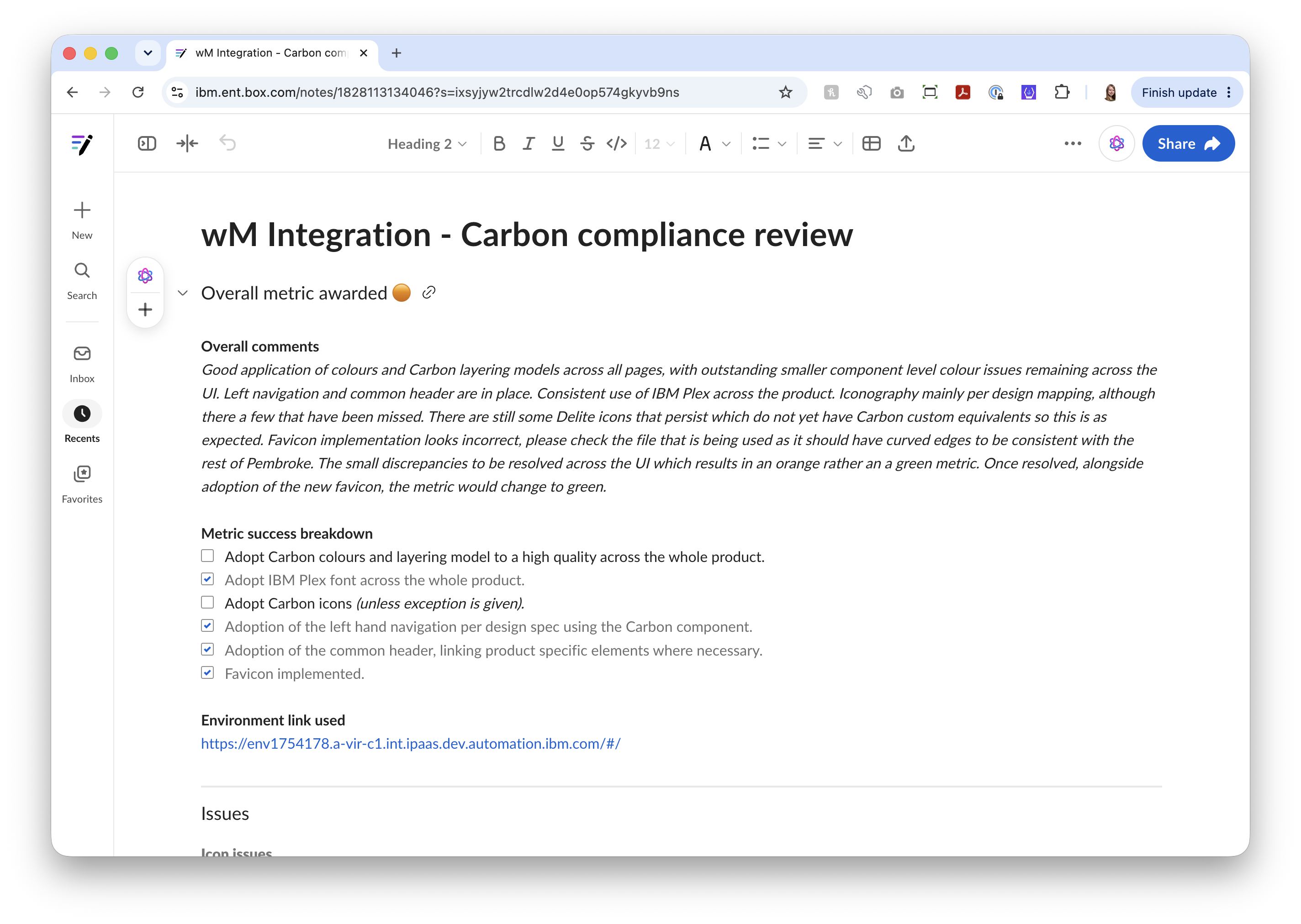 Example compliance review showing how issues were identified, scored, and tracked across criteria.