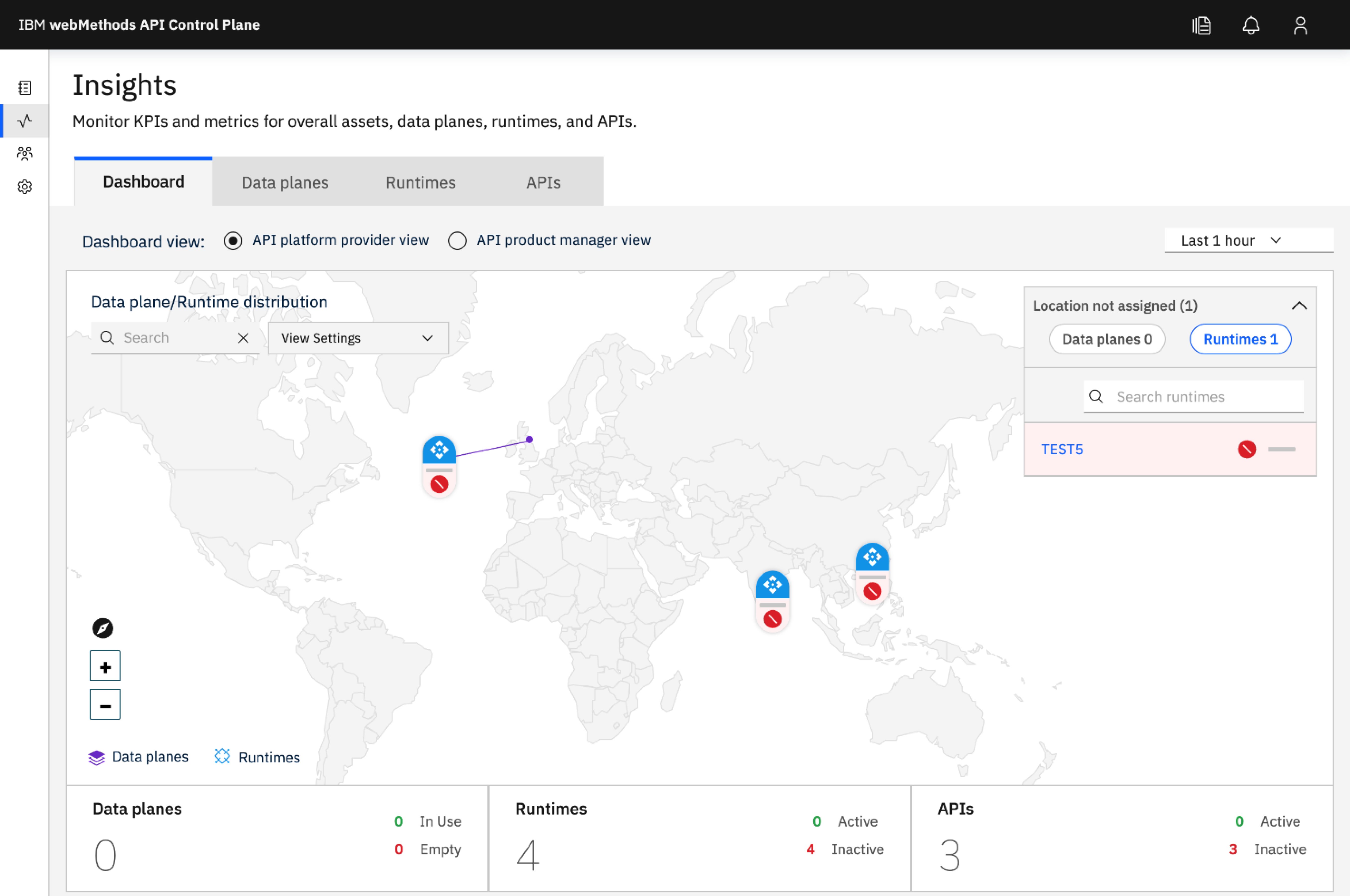 webMethods API Control Plane map view — after Carbon migration. Black header, Carbon navigation, and standard IBM iconography replacing the custom teal design system.