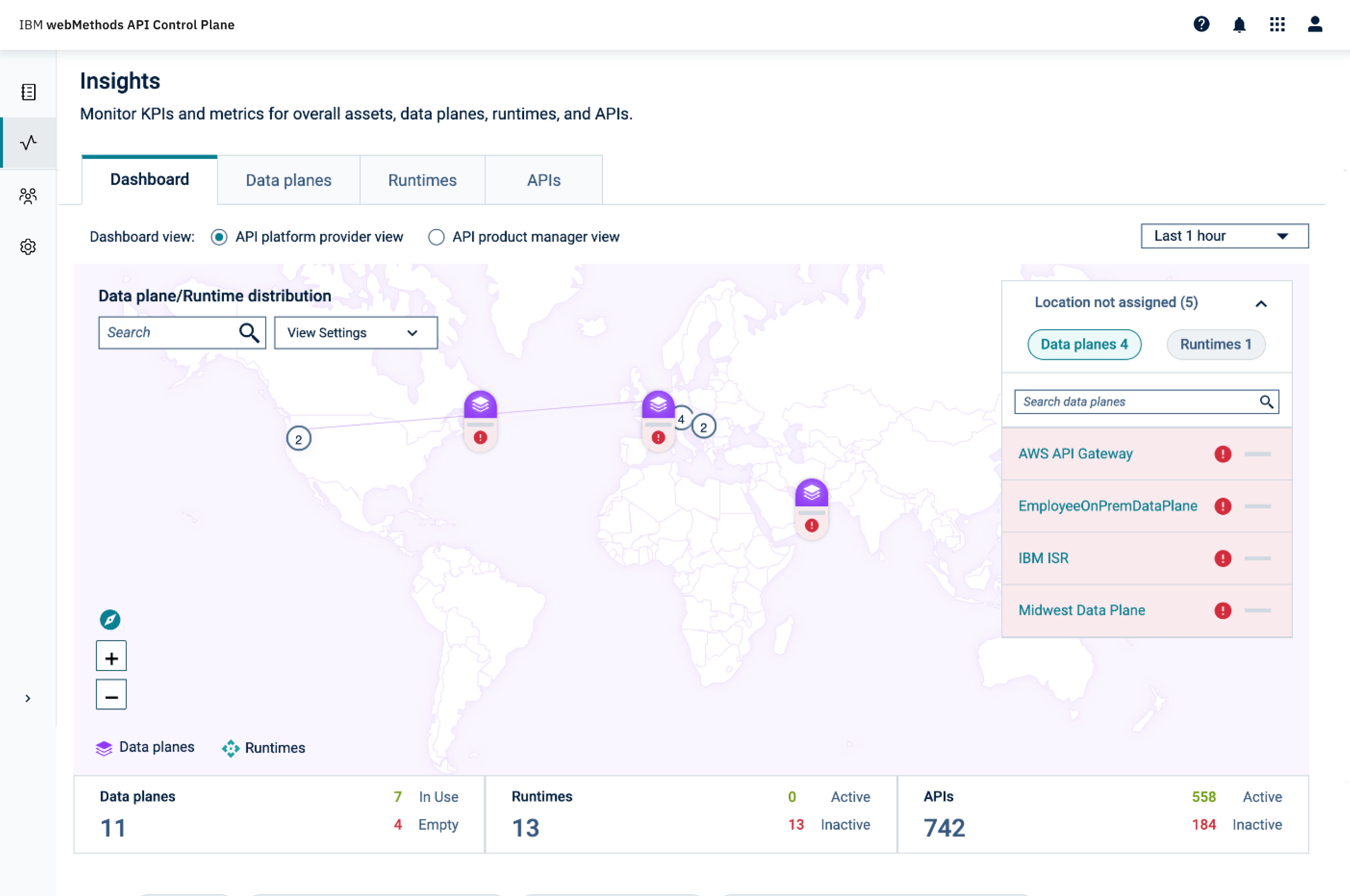 webMethods API Control Plane map view — before Carbon migration. Custom teal colour system, purple iconography, and bespoke navigation patterns.