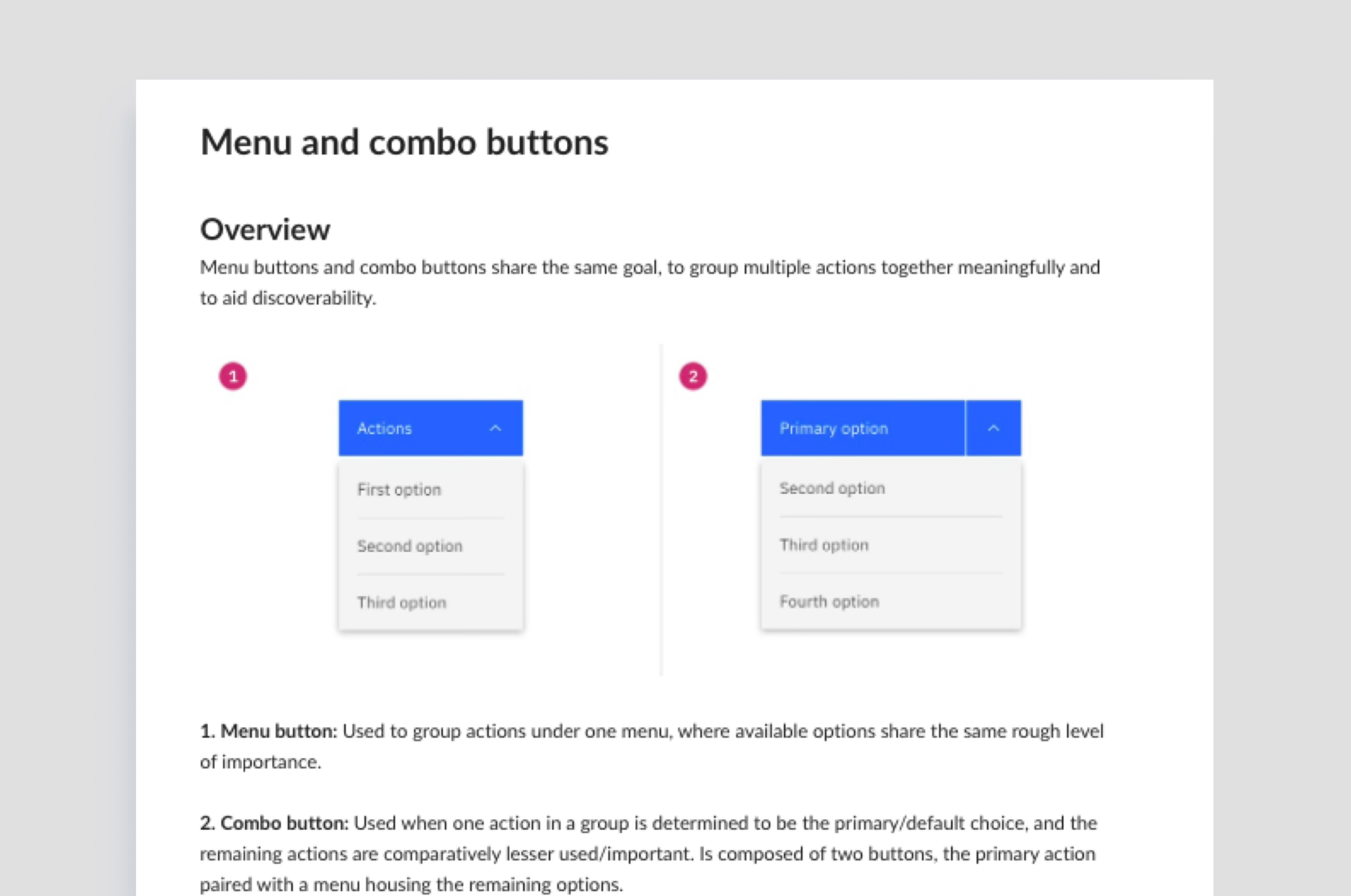 Carbon for IBM Products documentation page for Menu and combo buttons — covering when to use a menu button versus a combo button, grouping objects with the same common action, and component usage examples.