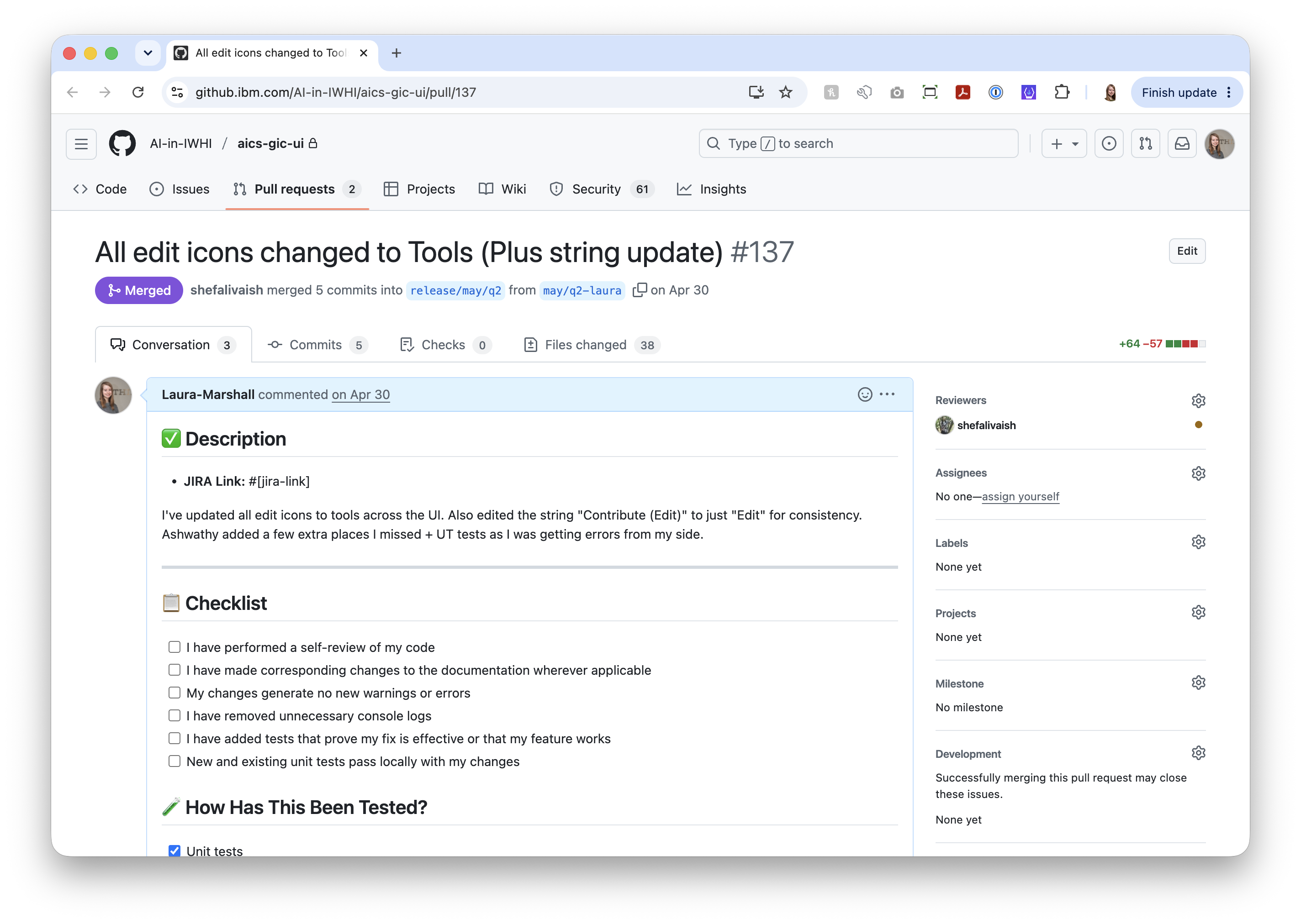 GitHub pull request showing 5 visual bug fixes merged into the IBM webMethods product codebase — contributions made directly by the designer using an AI-assisted code contribution workflow.