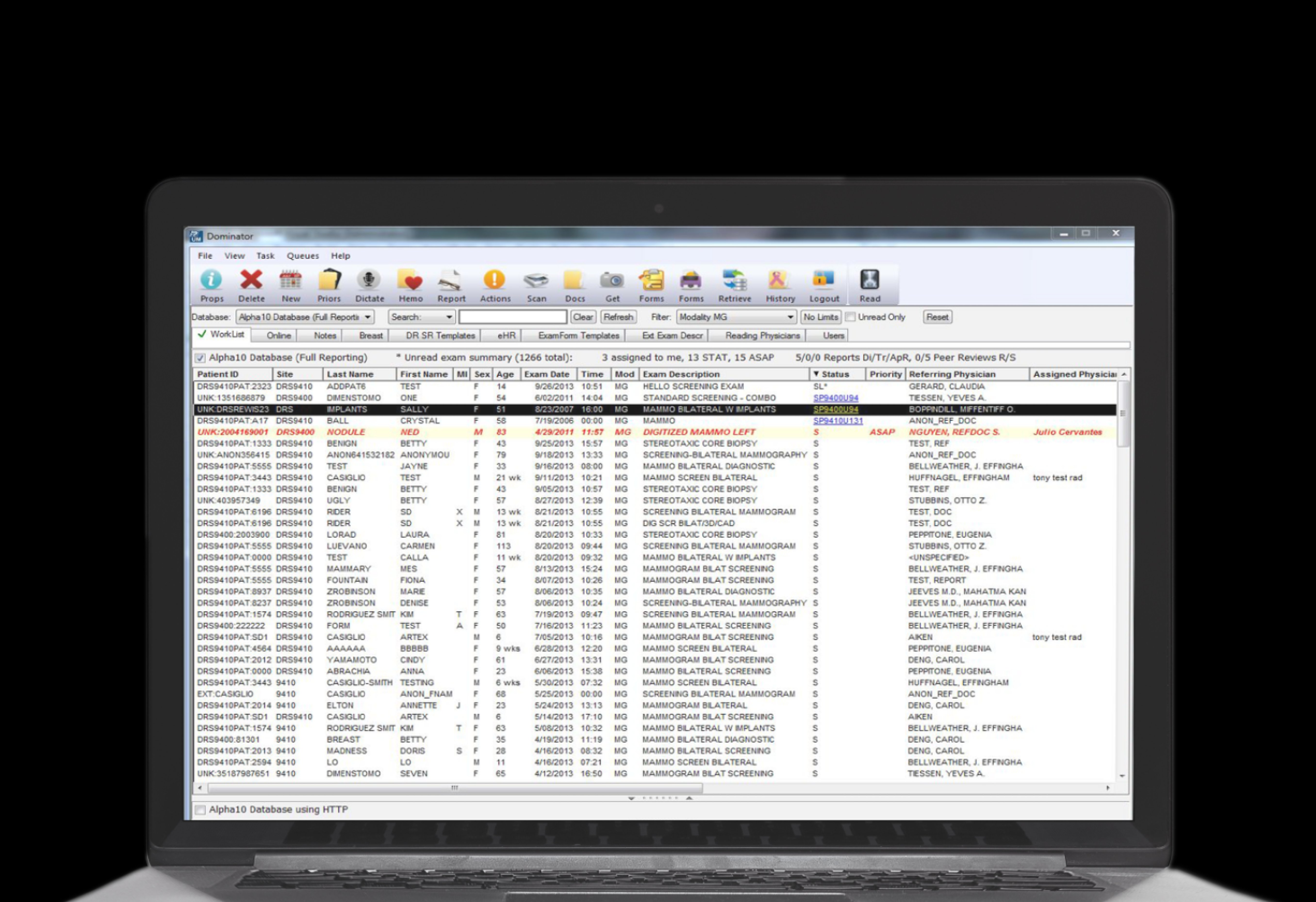A real radiologist worklist — a dense spreadsheet interface showing rows of patient cases with columns for Patient ID, Name, Status, Priority, Exam Description and Referring Physician. Priority information is present but buried in the table structure with no visual hierarchy.
