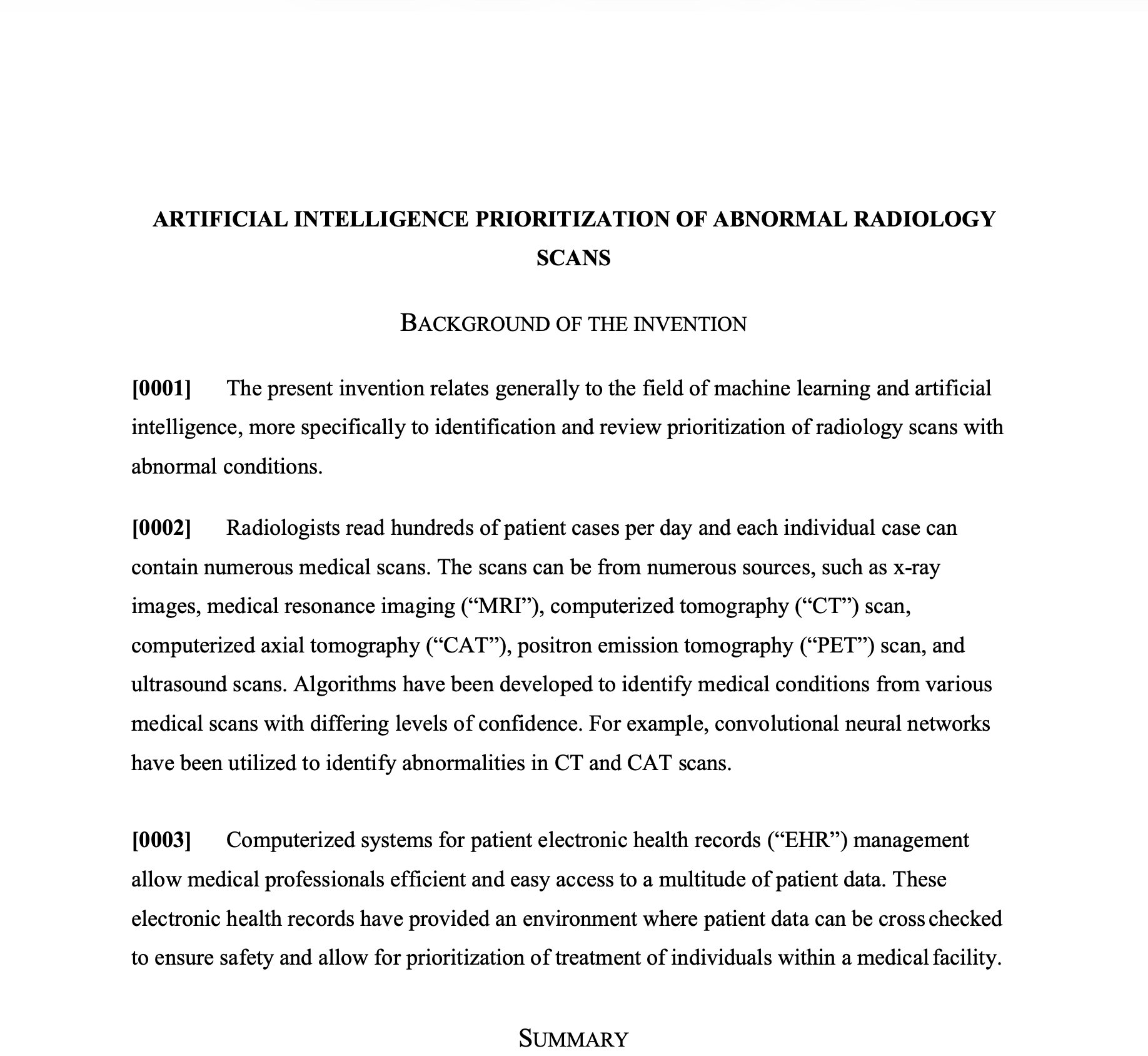 First page of the filed patent: Artificial Intelligence Prioritization of Abnormal Radiology Scans — background of the invention describing the problem of radiologists reading hundreds of cases per day across multiple scan types.