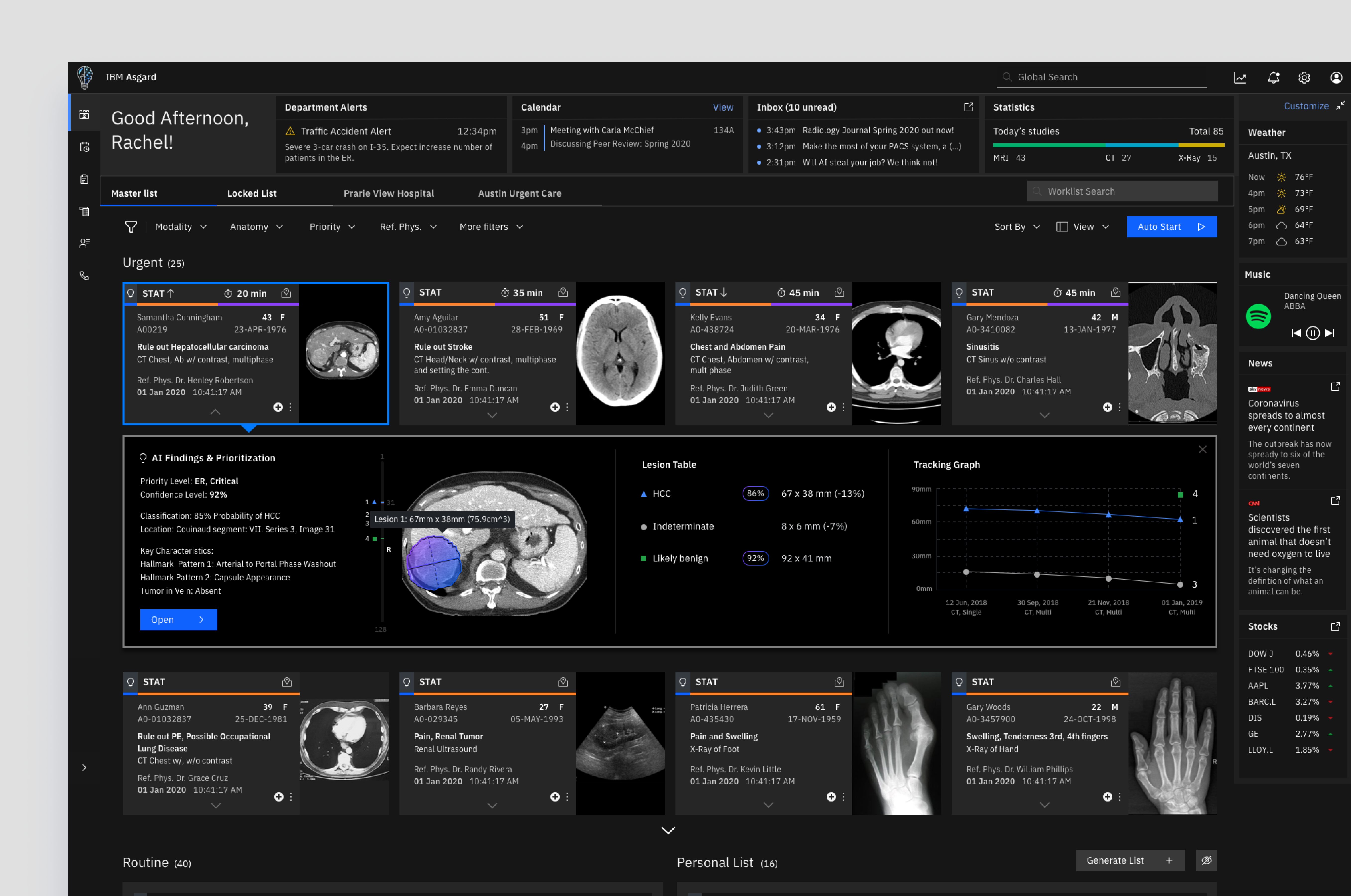 The redesigned worklist: urgent cases are shown as visual cards with a mini viewer containing the most critical scan image, AI-highlighted abnormalities, patient details, and confidence level. Below, routine cases retain a simplified list view.